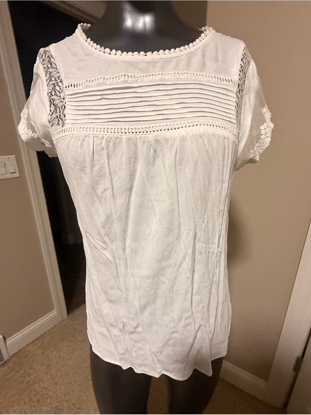 White Lace-Trim Pintuck Women’s Top